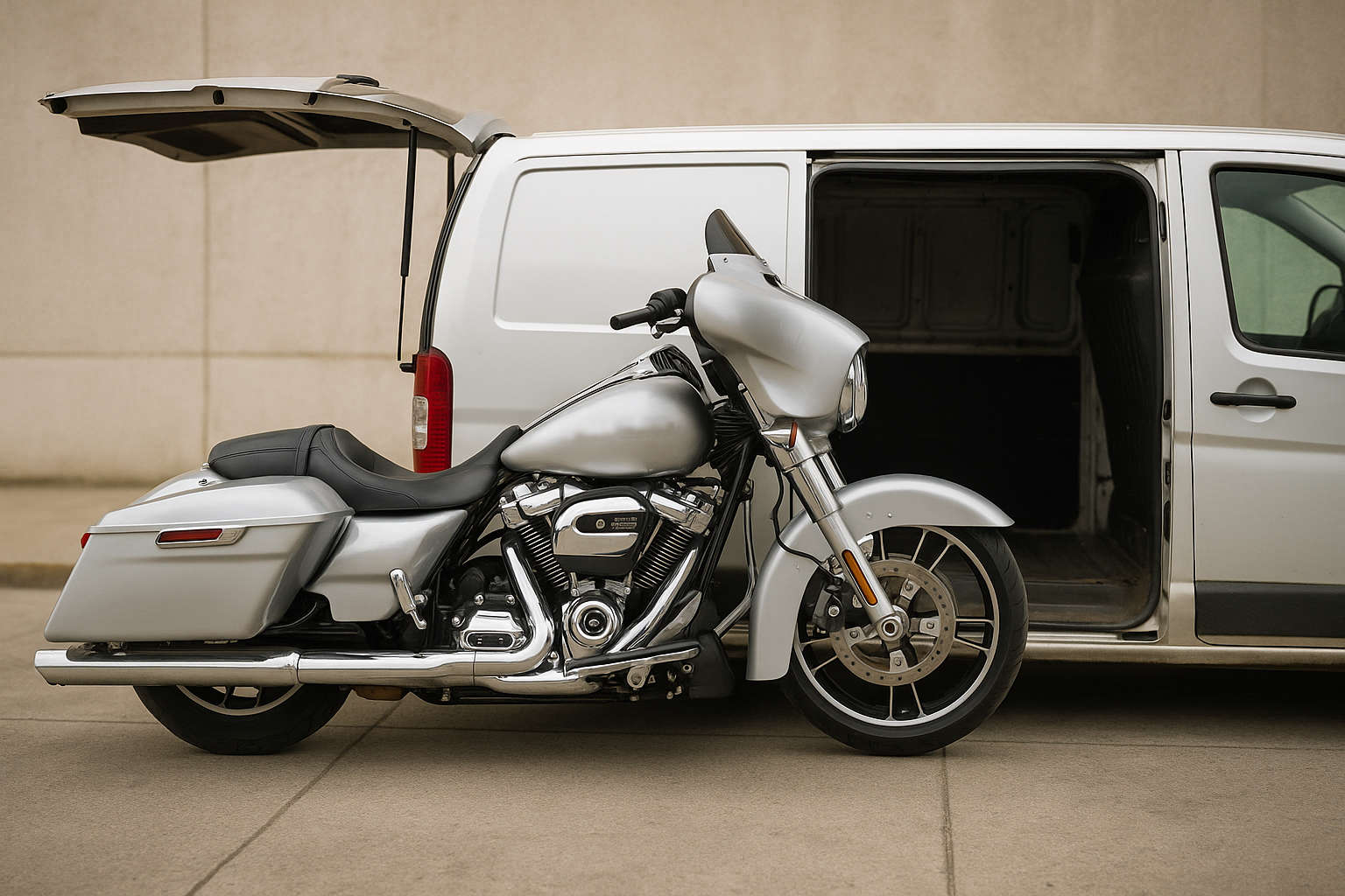 Motorcycle being loaded onto specialized transport vehicle
